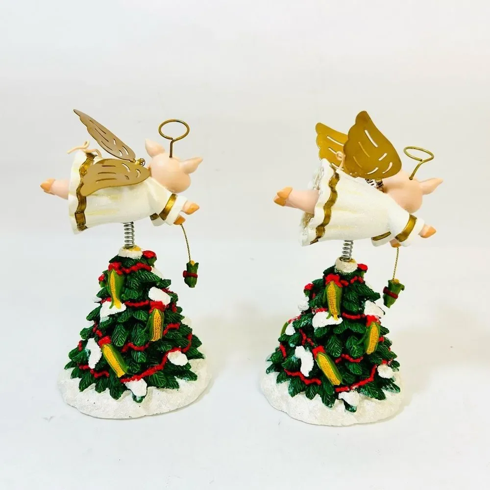 SET OF 2 Hand Painted Resin Christmas Tree with Piggy Angel Bobblehead Topper
